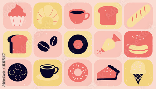 Pastel Colored Bakery and Coffee Shop Icon Set for Social Media and Web Design