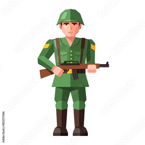 Stylized cartoon soldier in green military uniform holding a rifle with a serious expression on a