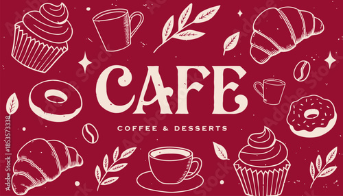 Atmospheric Cafe Poster with Hand Drawn Pastries and Dessert Illustration for Menu Decor