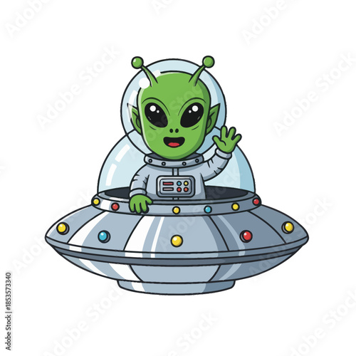 Whimsical Cartoon Alien Pilot Inside a Futuristic Flying Saucer Craft for Kids