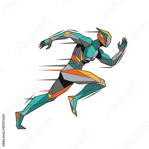 Dynamic low-poly illustration of a sprinter in mid-stride capturing motion and athleticism