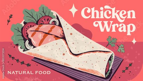 Earthy Toned Chicken Wrap Illustration for Organic Food Branding and Healthy Cafe Menus