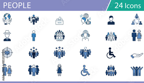 Grid of 25 blue and white line icons for community, communication, and inclusion, ideal for social vector illustration content