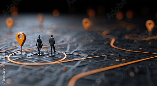 Two figures stand on a stylized map with orange location markers
