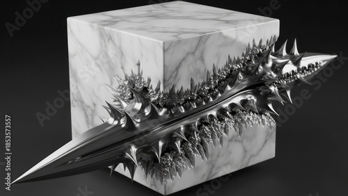Abstract Metallic Sculpture on Marble Cube Spikes Modern Design 3D Rendering. Concept featuring abstract, metallic, sculpture, marble, cube.