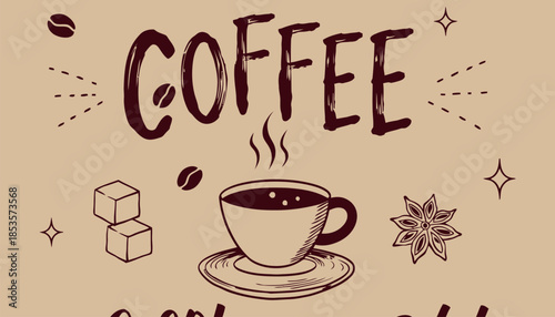 Neutral Beige Background Coffee Doodle Vector Illustration for Organic Cafe Branding and Decor