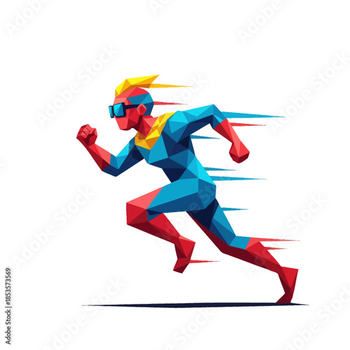 Vibrant Geometric Runaway Superhero Illustration in Dynamic Motion