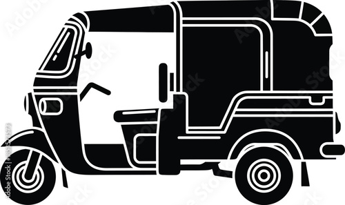 A minimalist black and white illustration of a traditional auto rickshaw