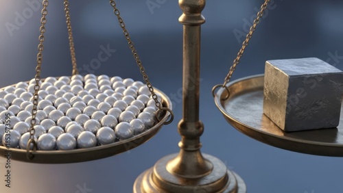 Balance Scale with Silver Balls and Cube Weights Measurement Vintage. Concept featuring balance scale, weights, measurement, silver balls, cube.