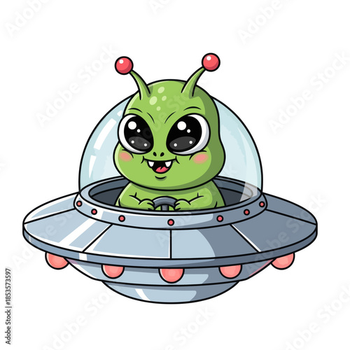 Adorable cartoon alien character piloting a futuristic flying saucer with large sparkling eyes and