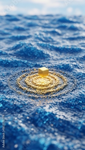 Golden Cube on Blue Ocean Waves Digital Art Wealth Opportunity. Concept featuring golden cube, ocean waves, digital art, wealth, opportunity.