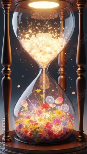 Magical Hourglass with Colorful Flowers Time Vibrant Nature. Concept featuring hourglass, flowers, time, magic, vibrant.