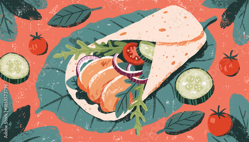 Organic Food Illustration of Chicken Wrap with Fresh Green Leaves for Healthy Restaurant Branding
