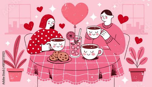 Playful Coffee Shop Illustration with Sparkles Hearts and Cute Cafe Elements