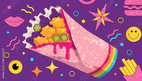 Creative Food Art of a Chicken Wrap with Rainbow Colors and Playful Elements