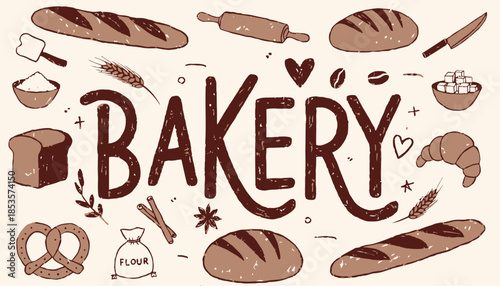 Rustic Bakery Doodle Vector Illustration in Warm Brown Tones for Vintage Style