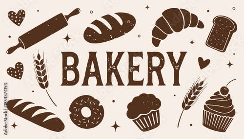 Hand-Drawn Rustic Bakery Elements in Warm Tones for Branding and Decor