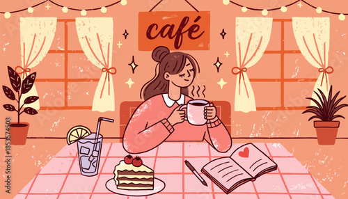 Soft Grain Background Cafe Doodle Illustration with Cozy Coffee Shop Elements