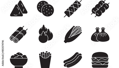Various food items illustrated in black and white icons on a clean background showcasing different cuisines and dishes
