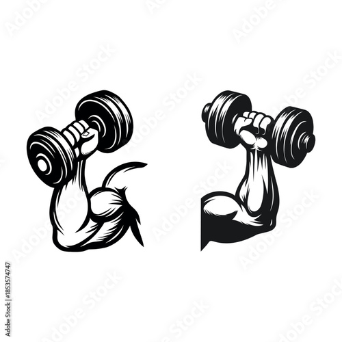 Set of black and white isolated weights and heavy iron dumbbells for bodybuilding and fitness gym equipment strength training