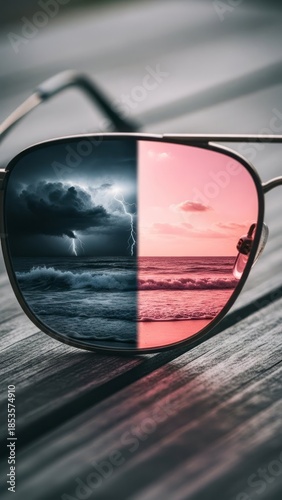 Contrasting Views Through Sunglasses Reflection Storm Beach. Concept featuring sunglasses, reflection, storm, beach, contrast.