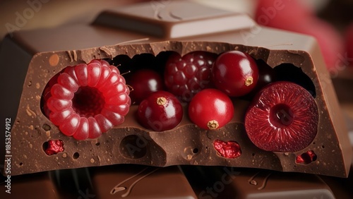 Chocolate Bar with Berries Inside Raspberries Red Currants Sweet Treat. Concept featuring chocolate, berries, raspberries, red currants, sweet treat.