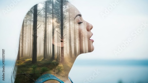 Double Exposure of Woman and Forest Nature Tranquility Serenity. Concept featuring double exposure, woman, forest, nature, tranquility.