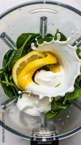 Fresh Spinach and Lemon in Blender Smoothie Healthy Ingredients. Concept featuring spinach, lemon, blender, smoothie, healthy.