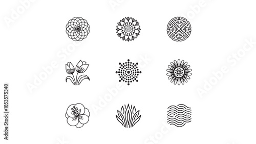 Various decorative floral and geometric illustrations displayed in a grid pattern on a plain white background