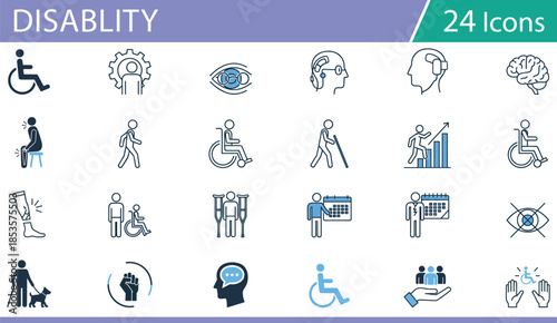 Grid of 25 blue and black line icons for accessibility and disability support, ideal for inclusive vector illustration content