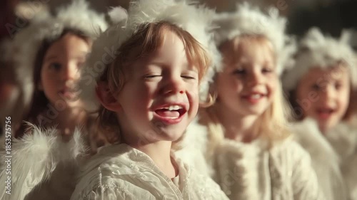 Joyful children dressed as angels laughing and playing together in bright light