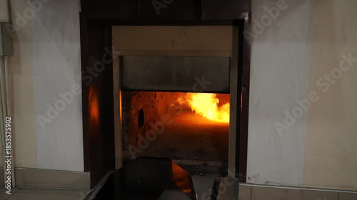 The crematorium stove opens with a burning flame inside