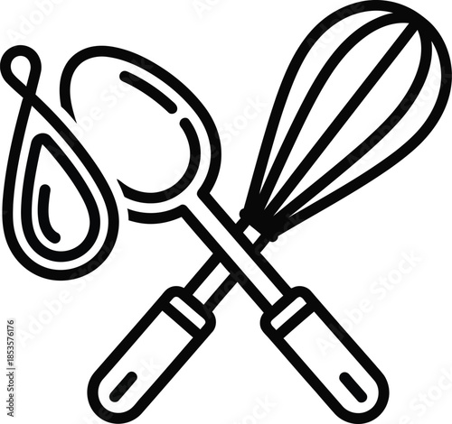 Two crossed kitchen whisks a simple black and white line art illustration