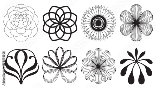 A collection of stylized flower illustrations in various line styles and shading techniques on a plain white background