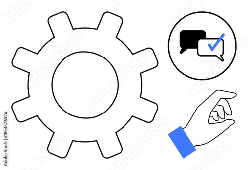 Gear for automation, speech bubbles with checkmark for communication, and hand gesture. Ideal for teamwork, workflow, productivity, messaging, decision-making, process management and innovation