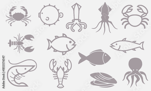 Seafood collection. Engraved vintage. Fish, seashell, crab, shrimp, herbs. Vector illustration.