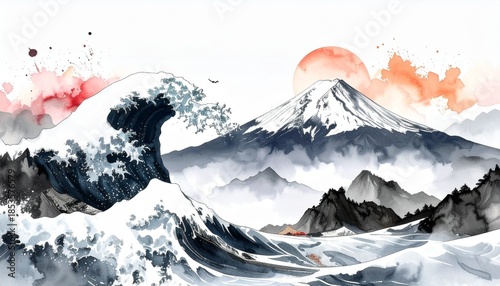大波が飛沫をあげて、富士山から日の出が昇る水彩イラスト素材  和風背景