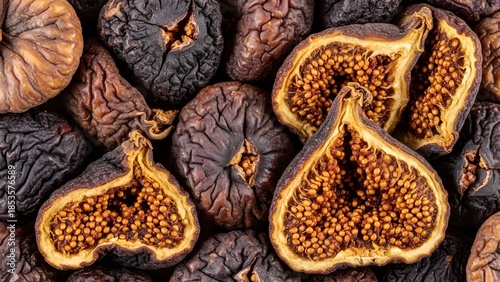 Sliced and whole dried figs showing inner seeds, exotic Mediterranean sweet fruit