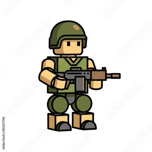 Adorable pixel art soldier in a tactical uniform wielding a rifle with a cheerful expression and