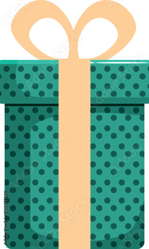 Green dotted gift box wrapped with beige ribbon and bow isolated on white background