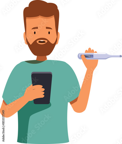Doctor holding thermometer and using smartphone, providing online consultation or telemedicine services