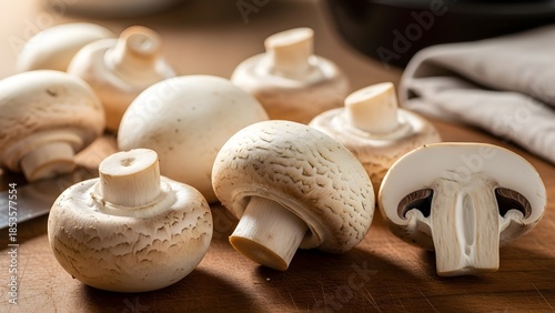 Fresh white mushrooms prepared on a wooden cutting board with a sliced piece showing internal gills, rustic kitchen scene