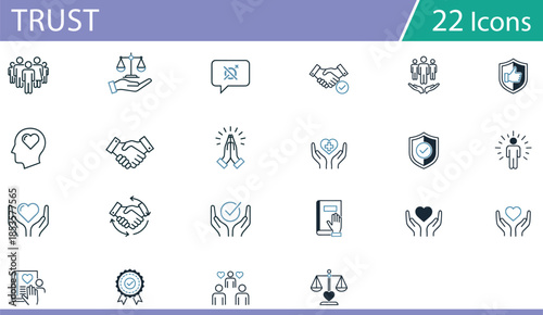 Grid of 25 blue and black line icons for ethics, trust, and social values, ideal for integrity-themed vector content