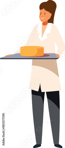 Food scientist carrying cheese wheel, showcasing food science, quality control, and dairy production expertise