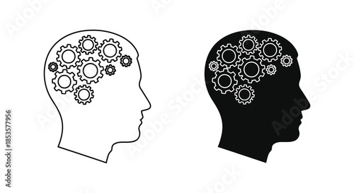 Human head outline filled with gears in two versions one light and one dark silhouette