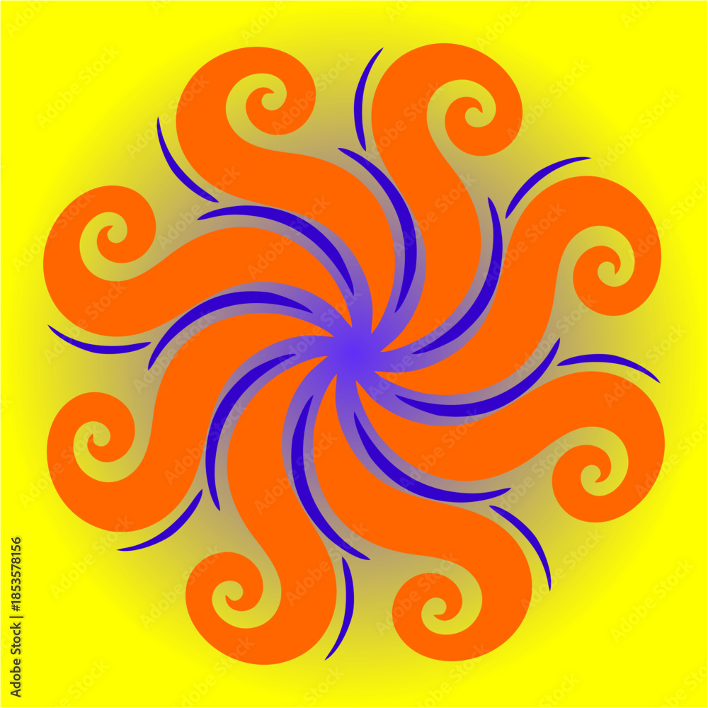 Fototapeta premium Flames spiral outward in playful rhythm, blending warmth and mystery as orange currents dance with violet shadows, radiating joy, energy, and motion.
