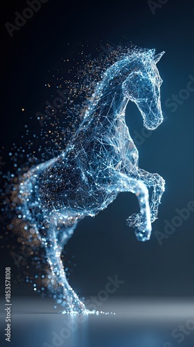 A stunning digital representation of a horse, composed of glowing particles and geometric shapes, set against a dark backdrop.