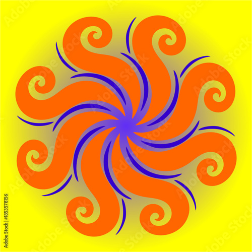Flames spiral outward in playful rhythm, blending warmth and mystery as orange currents dance with violet shadows, radiating joy, energy, and motion.