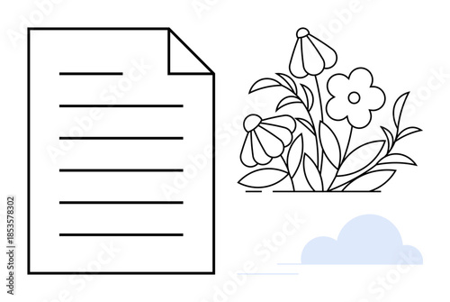Eco-friendly concepts, sustainability, digital media, environmental awareness, nature connection, modern design. Paper document alongside flowers and a cloud icon. Eco-friendly and sustainability