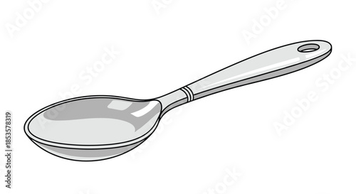 Stainless steel large serving spoon with a long handle and a hanging hole at the end isolated on a white background.
